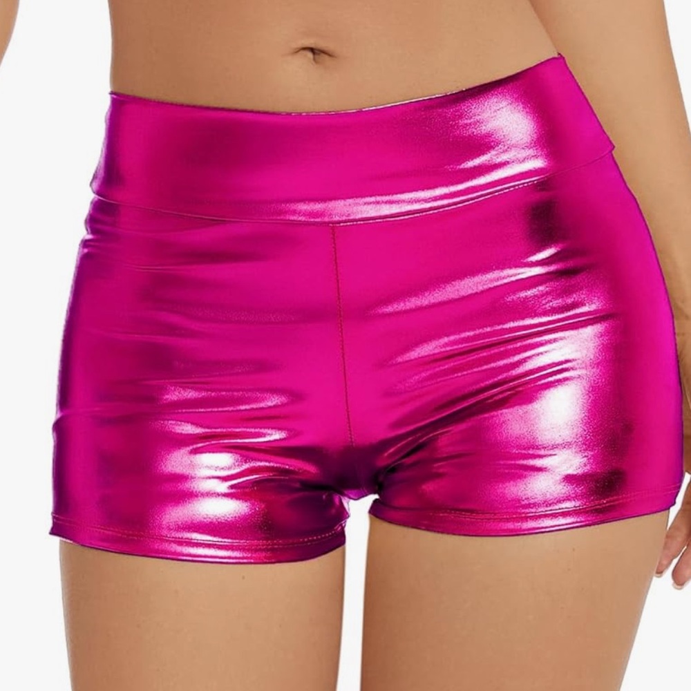 Pink metallic barbie sexy hot pants shorts rave festival sport yoga bottoms gym
